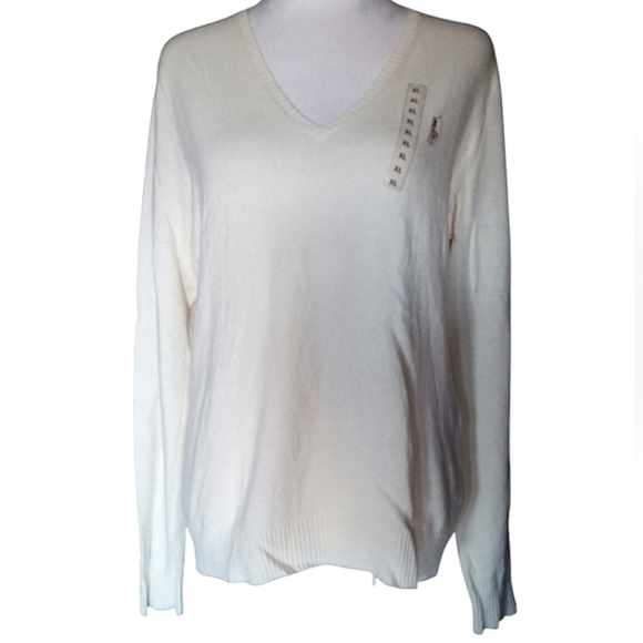 Ralph Lauren Cream Knit V Neck Merino Wool Cashmere Blend Sweater NWT Size XL - Picture 1 of 10